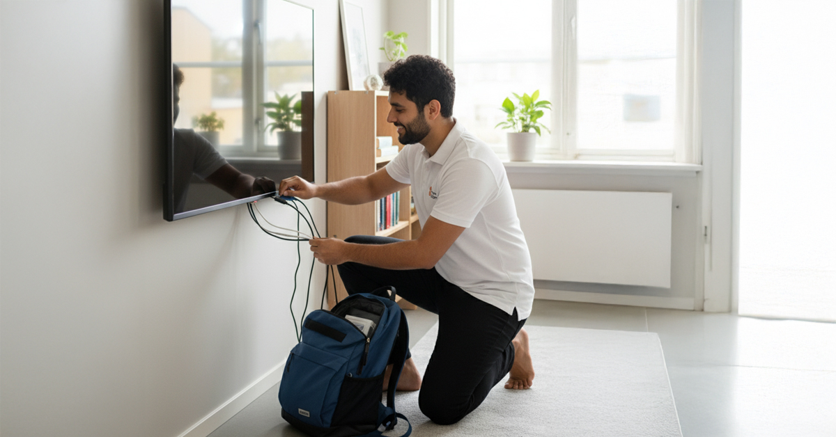 Tekniker installerar TV och ansluter kablar i hem i Göteborg