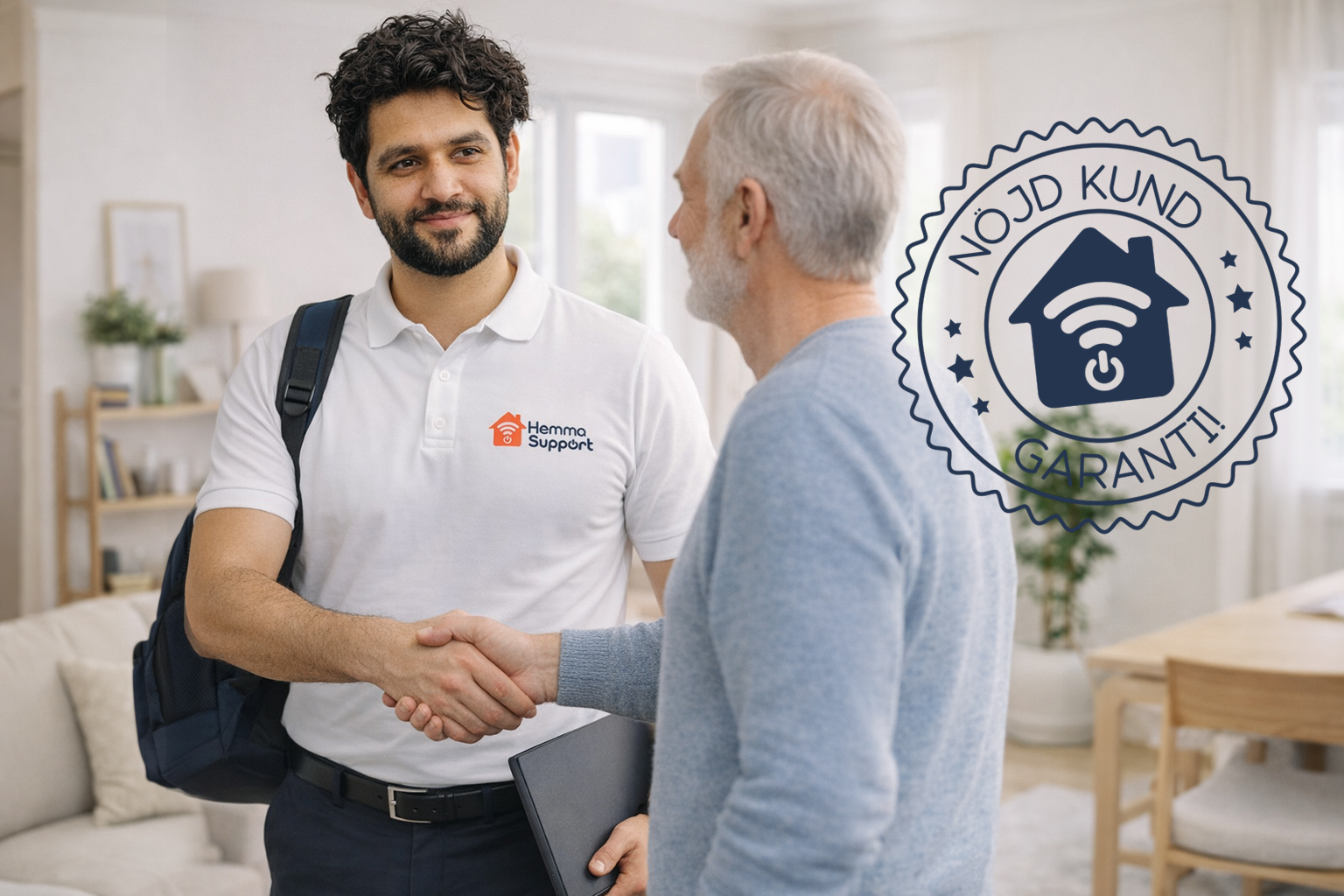 HemmaSupport-tekniker som skakar hand med nöjd äldre kund efter hembesök i Göteborg