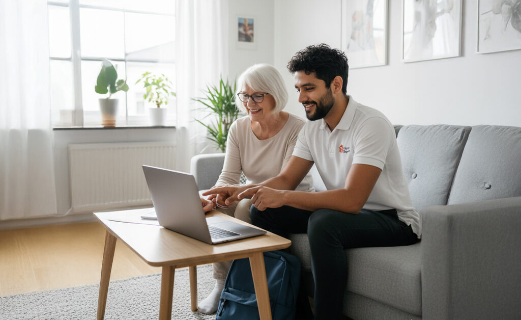 Professionell IT-support i Göteborg – tekniker hjälper senior kund med dator hemma