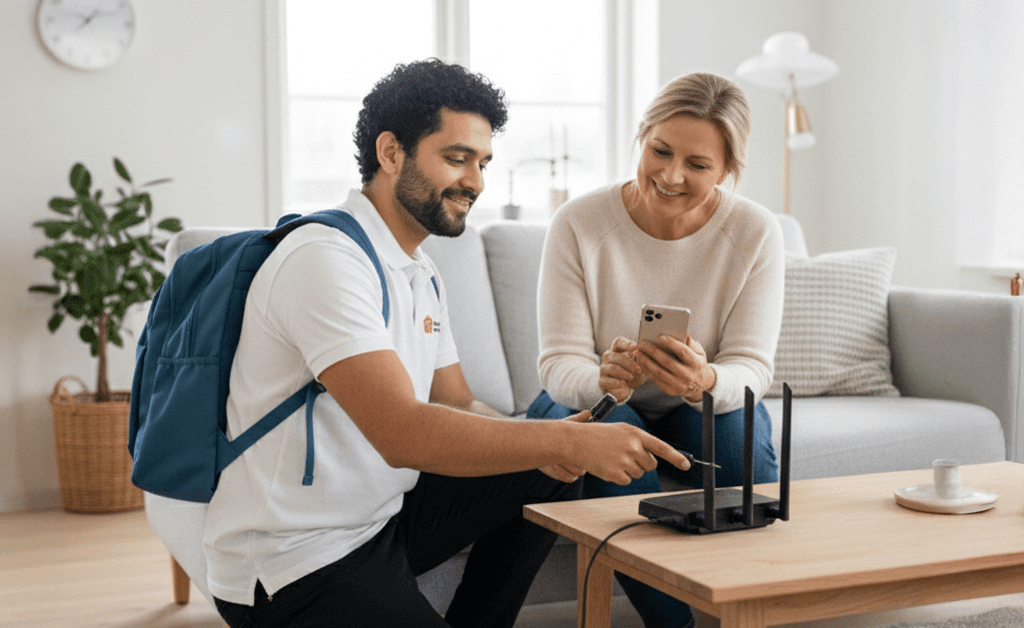 En man sätter upp en wifi-router i sin lägenhet i Göteborg.