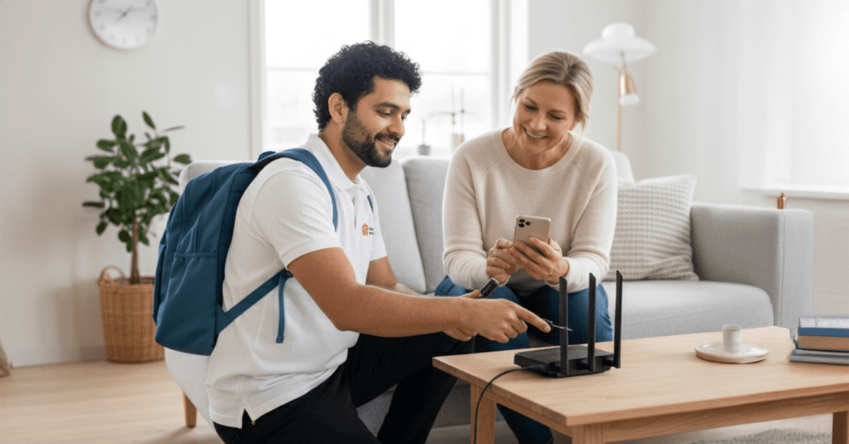 En man sätter upp en wifi-router i sin lägenhet i Göteborg.