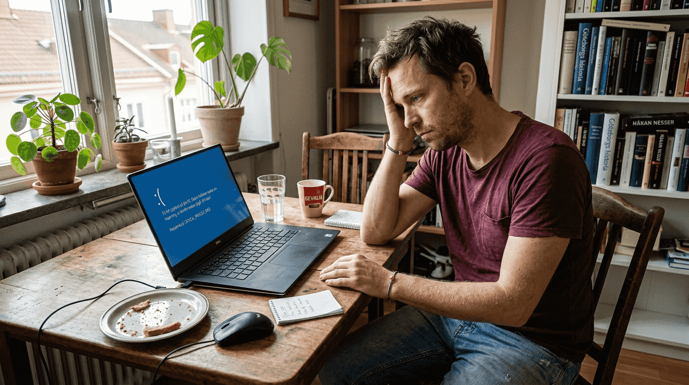 Sitter hemma i Göteborg och försöker få ordning på datorn som strular.