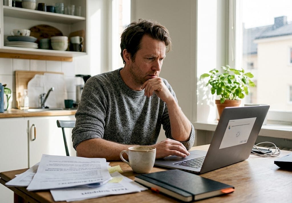 En man sitter vid köksbordet hemma och försöker få ordning på sin laptop som krånglar.