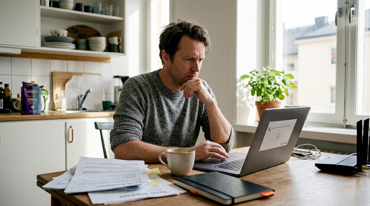 En man sitter vid köksbordet hemma och försöker få ordning på sin laptop som krånglar.