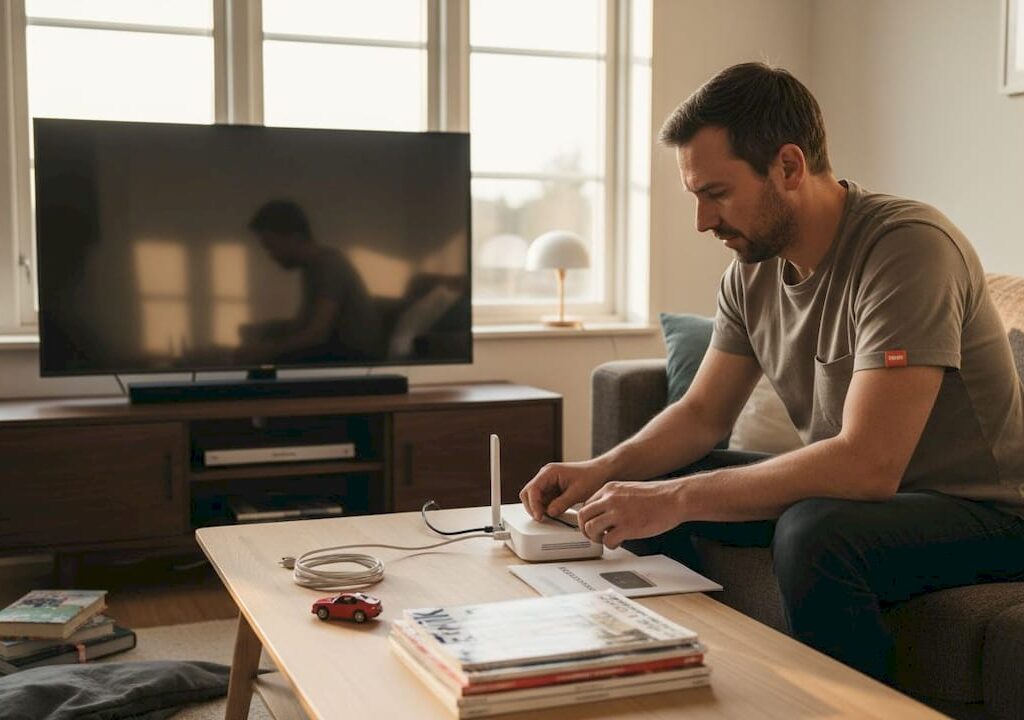 En man sätter upp ett mesh-nätverk i vardagsrummet.