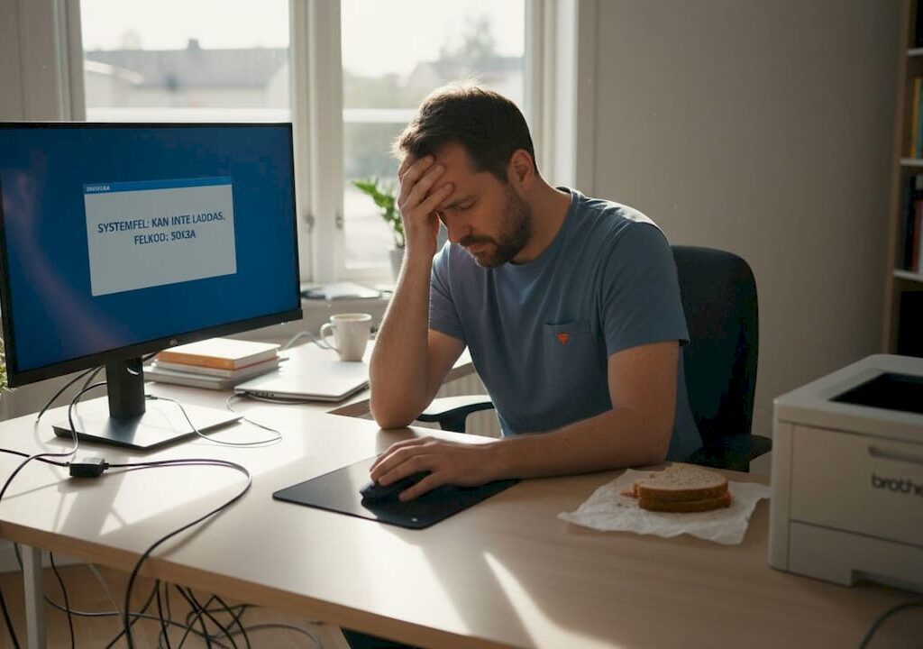 En man sitter vid sitt skrivbord hemma och kämpar frustrerat med datorproblem.