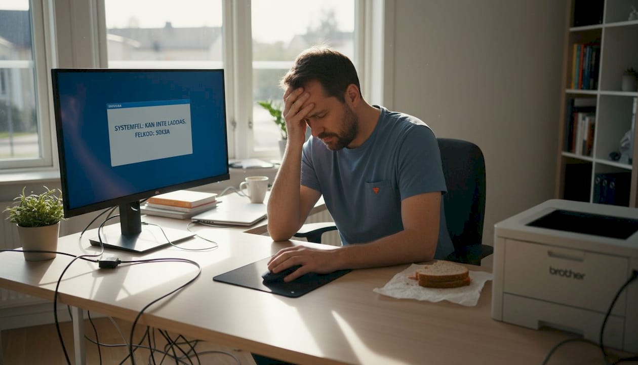 En man sitter vid sitt skrivbord hemma och kämpar frustrerat med datorproblem.