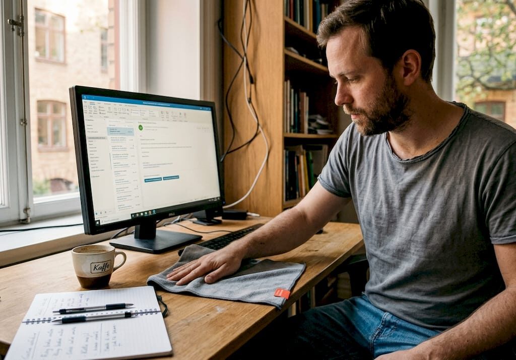 En person sitter hemma på sitt kontor och fixar med datorn.