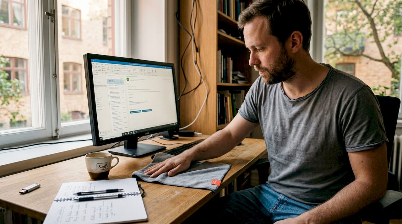 En person sitter hemma på sitt kontor och fixar med datorn.