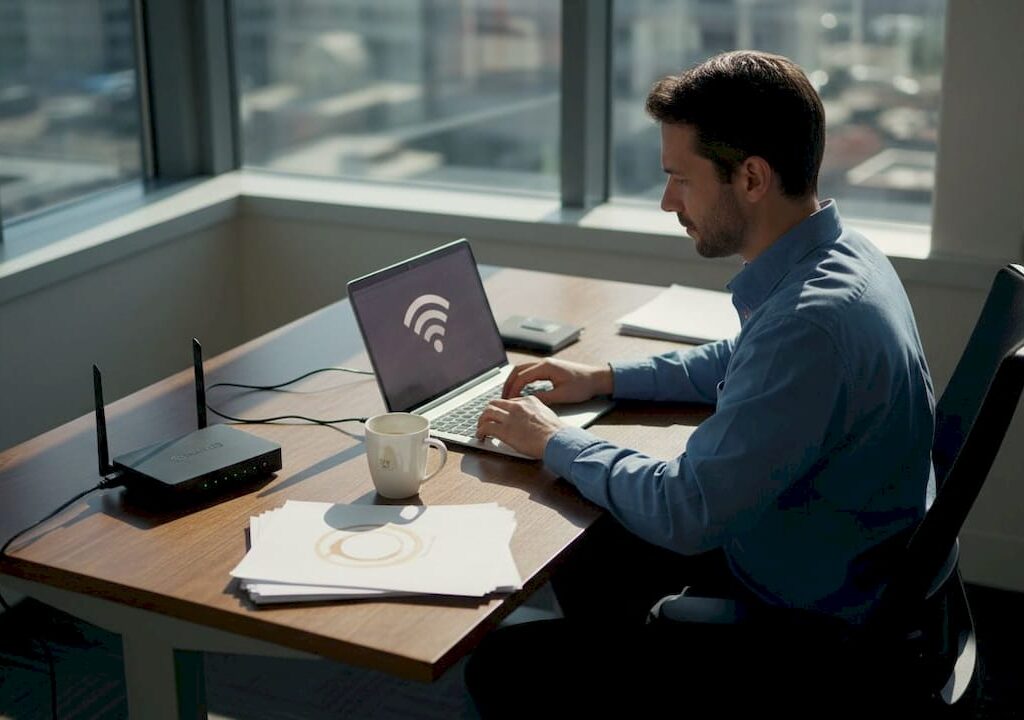 Man sitter och jobbar vid sitt skrivbord med trådlöst internet.