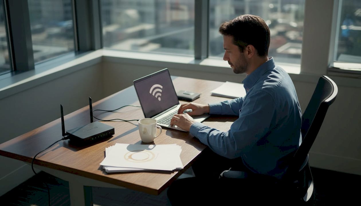 Man sitter och jobbar vid sitt skrivbord med trådlöst internet.