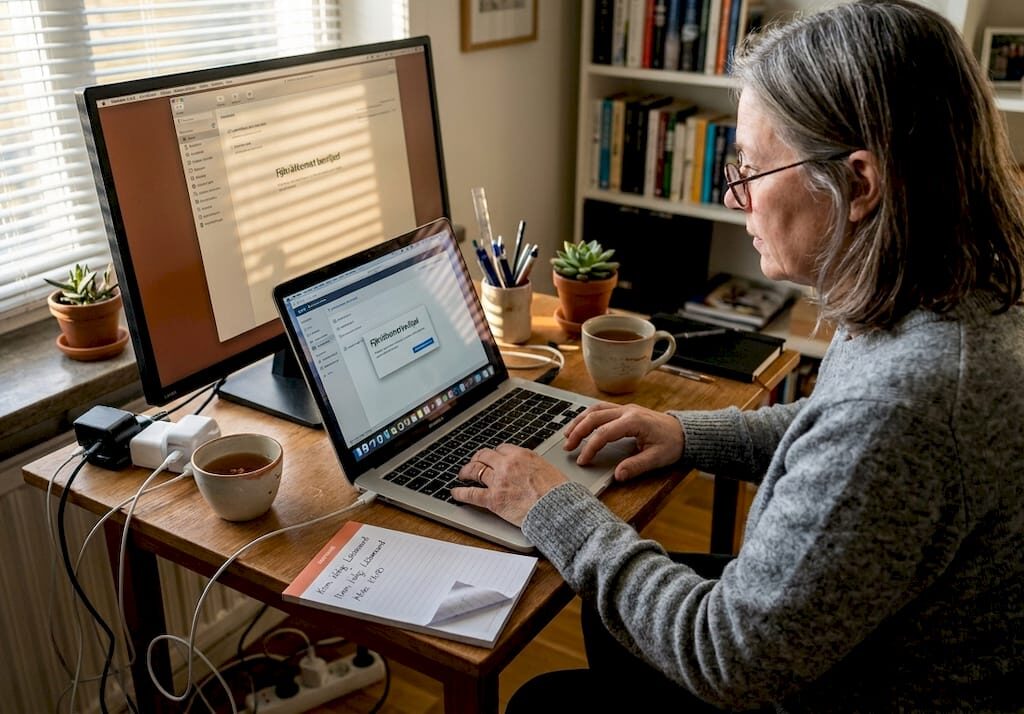 En kvinna sitter vid sin laptop och hjälper andra med teknisk support på distans.