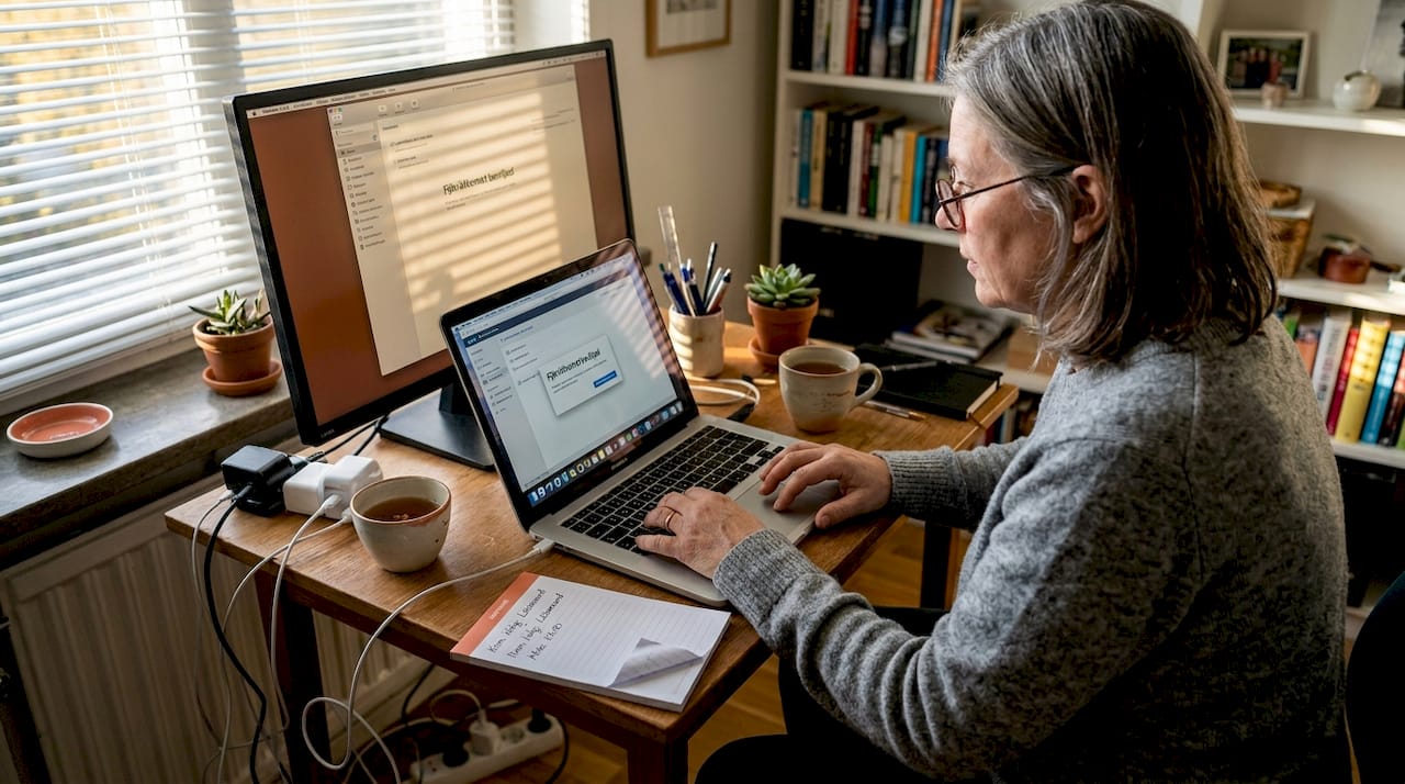 En kvinna sitter vid sin laptop och hjälper andra med teknisk support på distans.