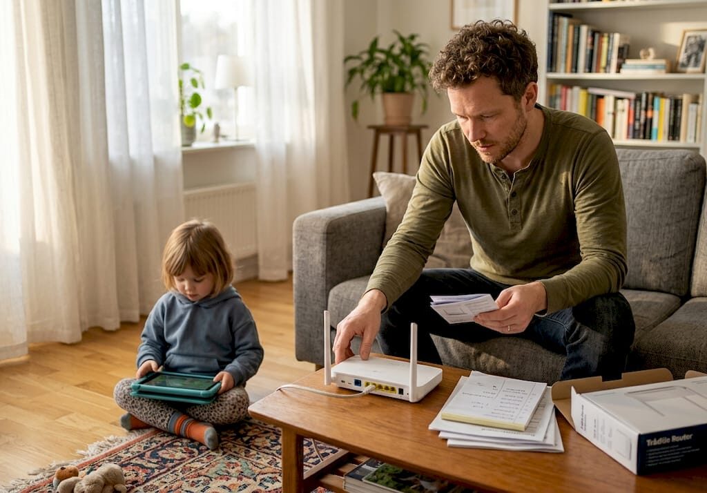 Pappa installerar wifi hemma medan barnet tittar på.