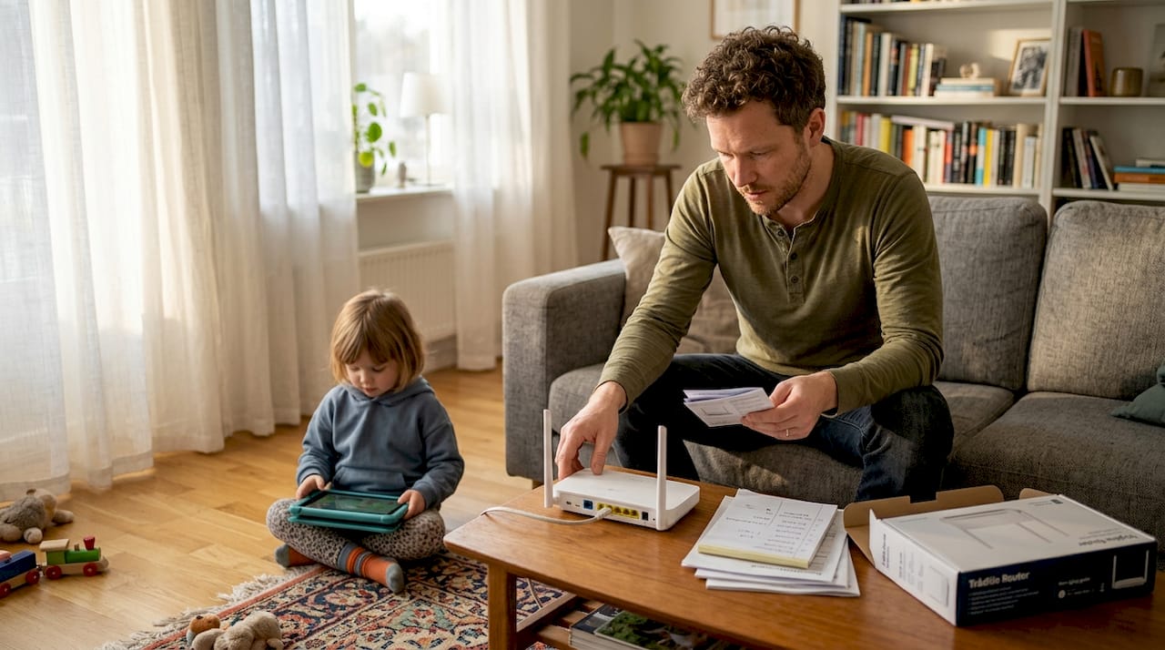 Pappa installerar wifi hemma medan barnet tittar på.