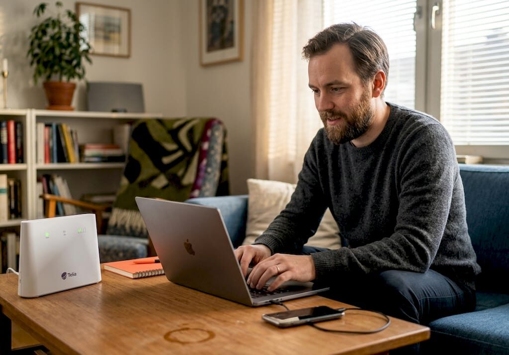 En person försöker lösa nätverksproblem hemma i vardagsrummet.