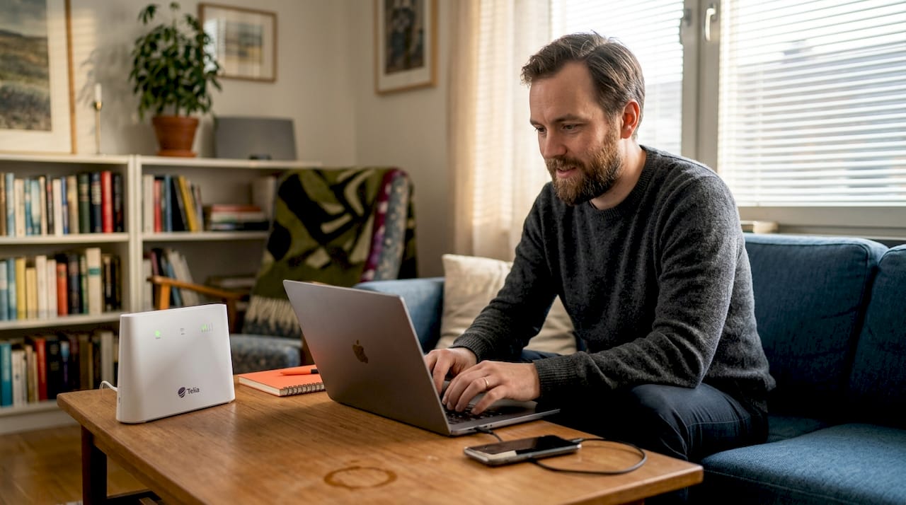 En person försöker lösa nätverksproblem hemma i vardagsrummet.