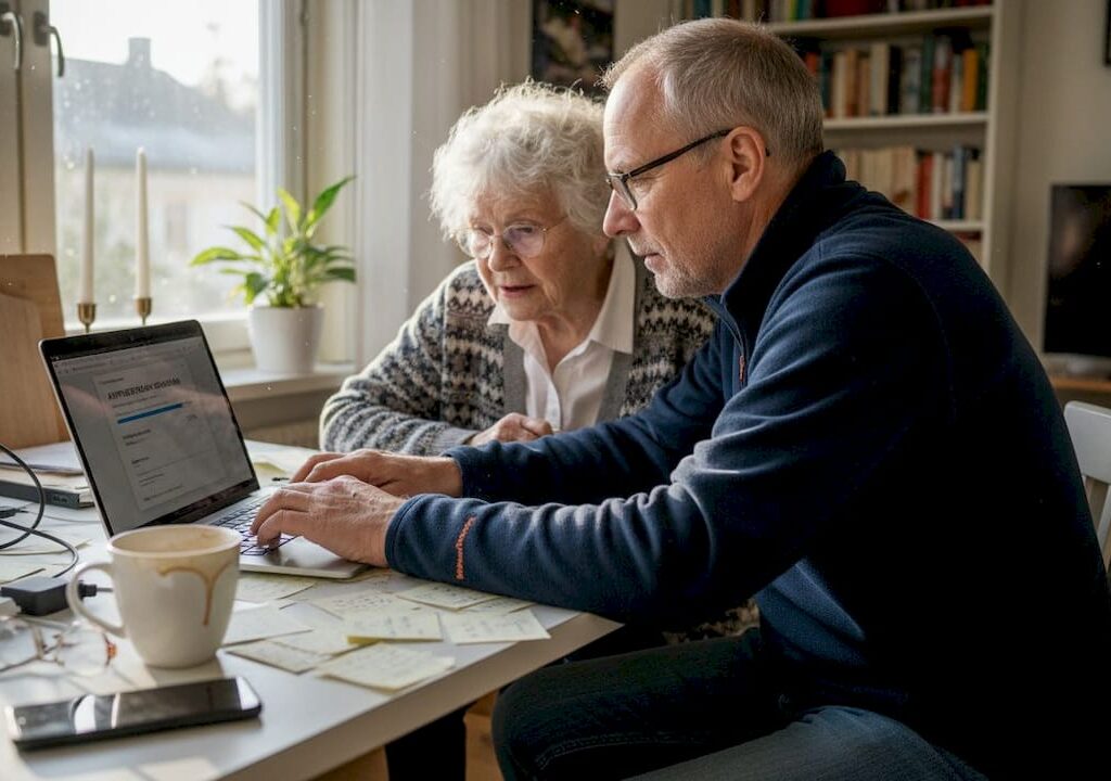En IT-tekniker gör hembesök och hjälper en kvinna med datorn.