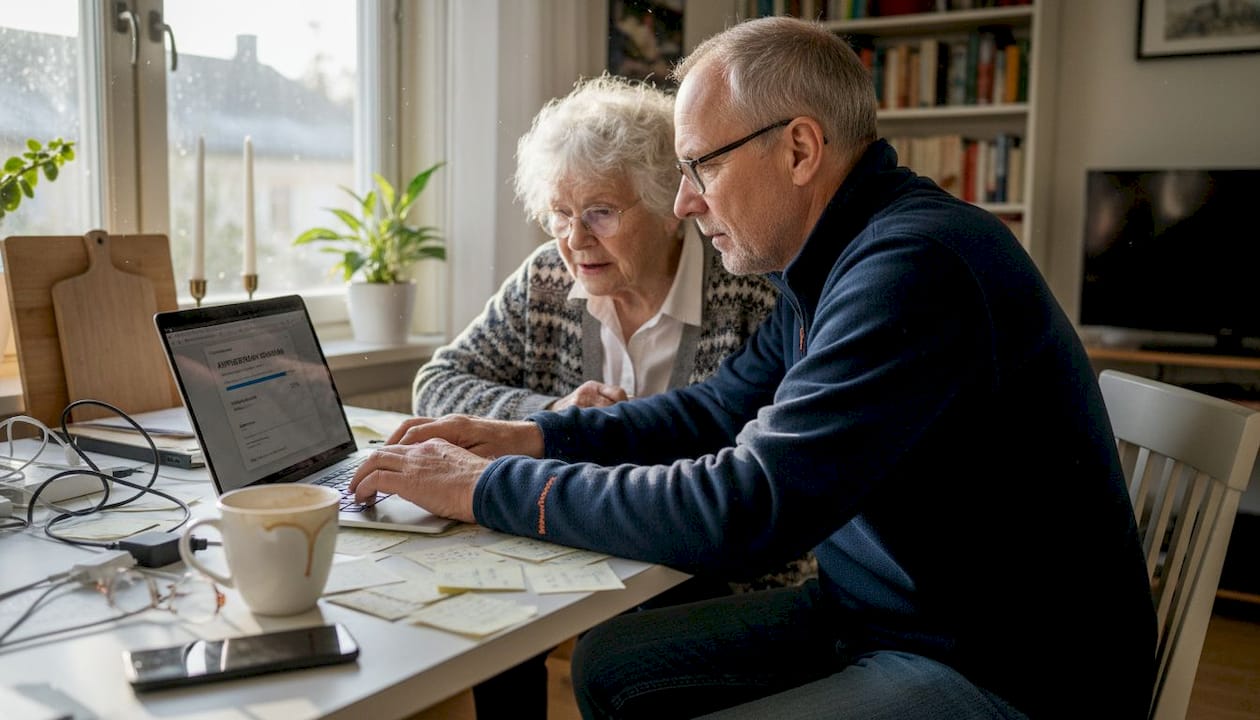 En IT-tekniker gör hembesök och hjälper en kvinna med datorn.