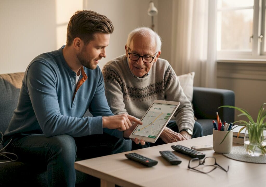 En tekniker visar en äldre person hur man använder surfplattan hemma