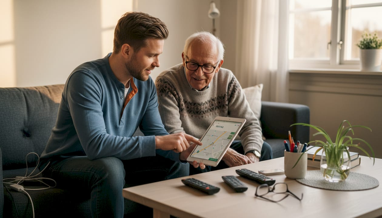 En tekniker visar en äldre person hur man använder surfplattan hemma