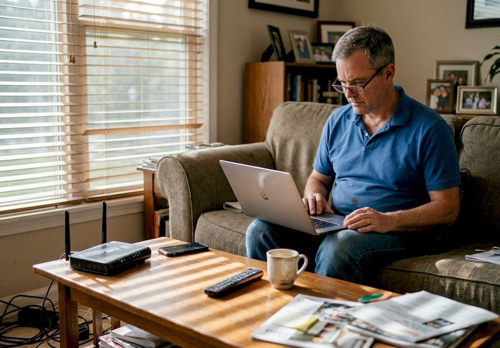 En man sitter hemma och kollar så att wifi-uppkopplingen fungerar på sin laptop.