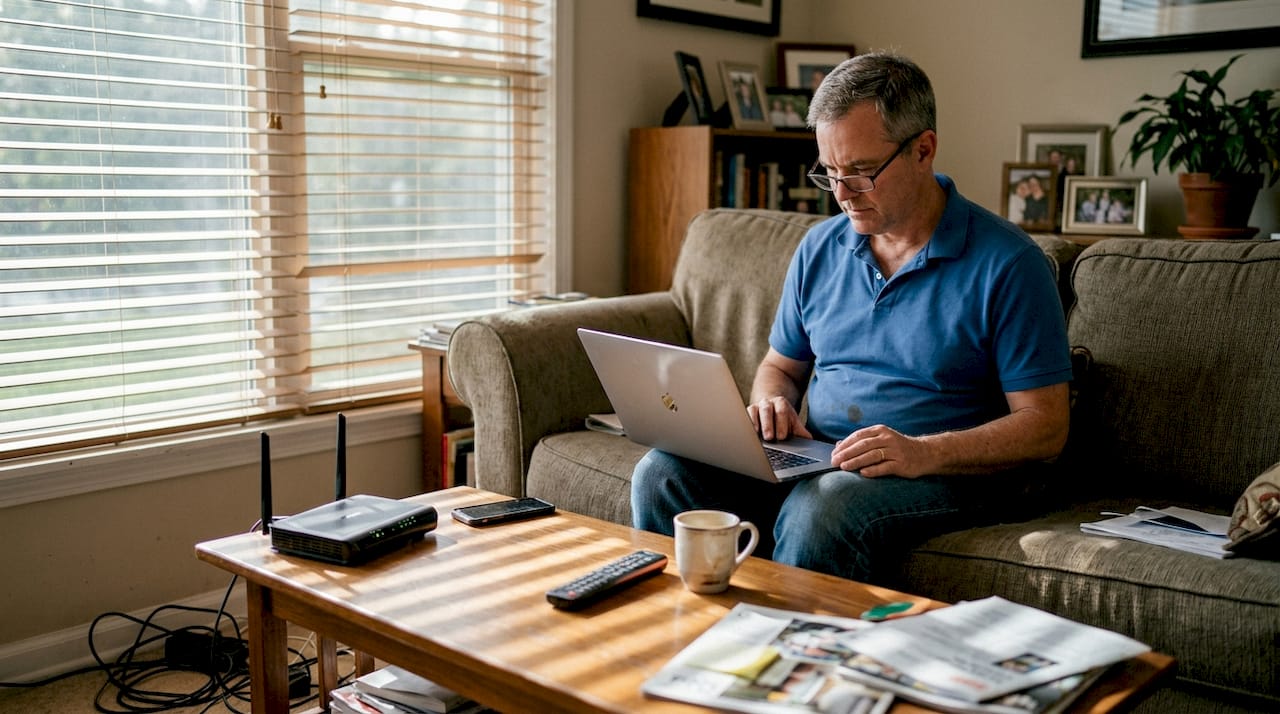 En man sitter hemma och kollar så att wifi-uppkopplingen fungerar på sin laptop.