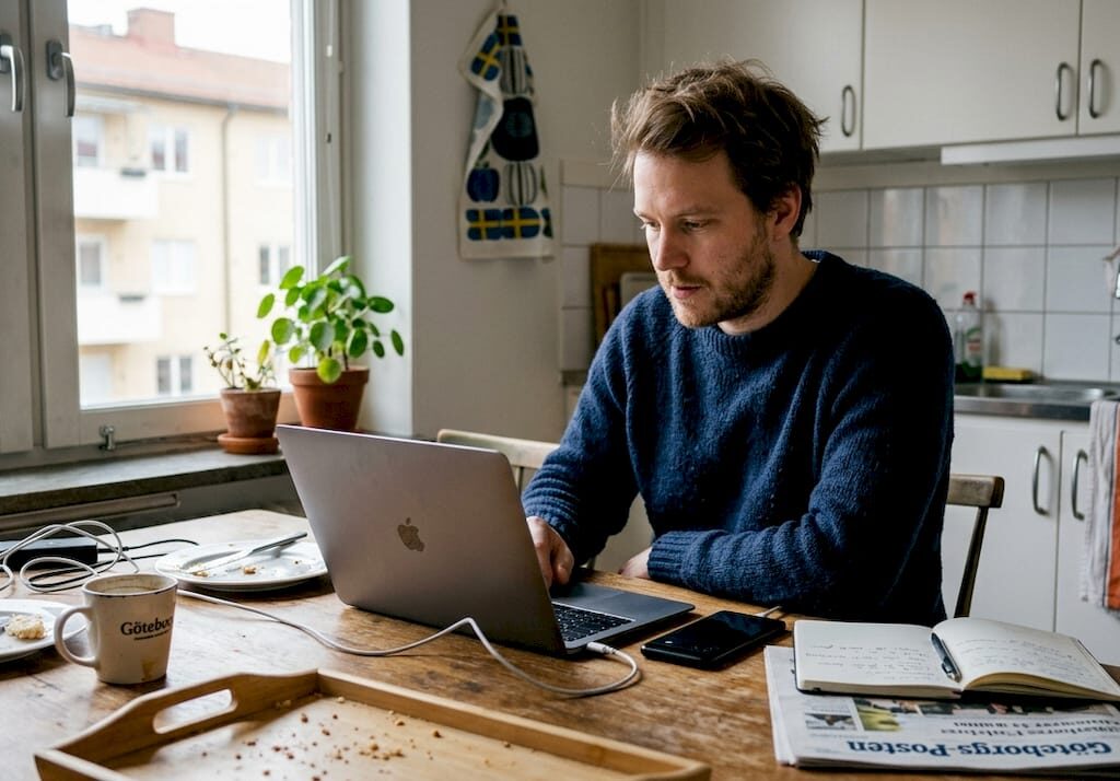 Sitter vid köksbordet hemma och försöker lista ut varför mobilen krånglar.
