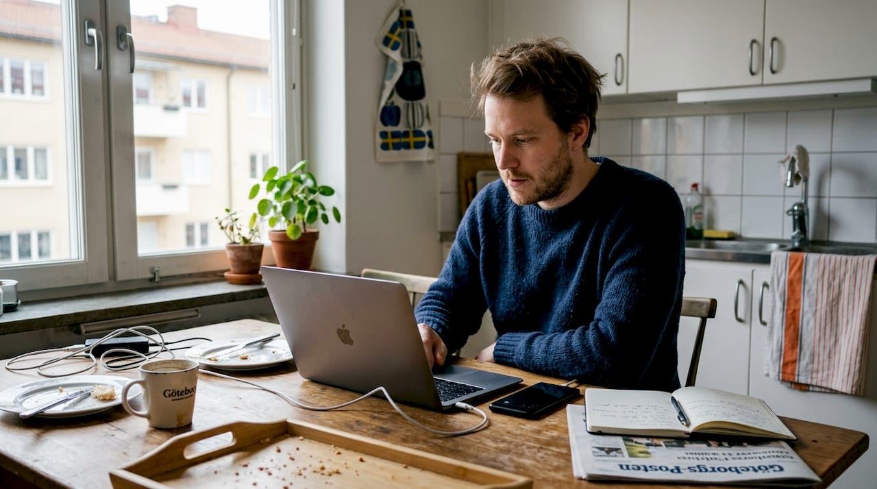Sitter vid köksbordet hemma och försöker lista ut varför mobilen krånglar.