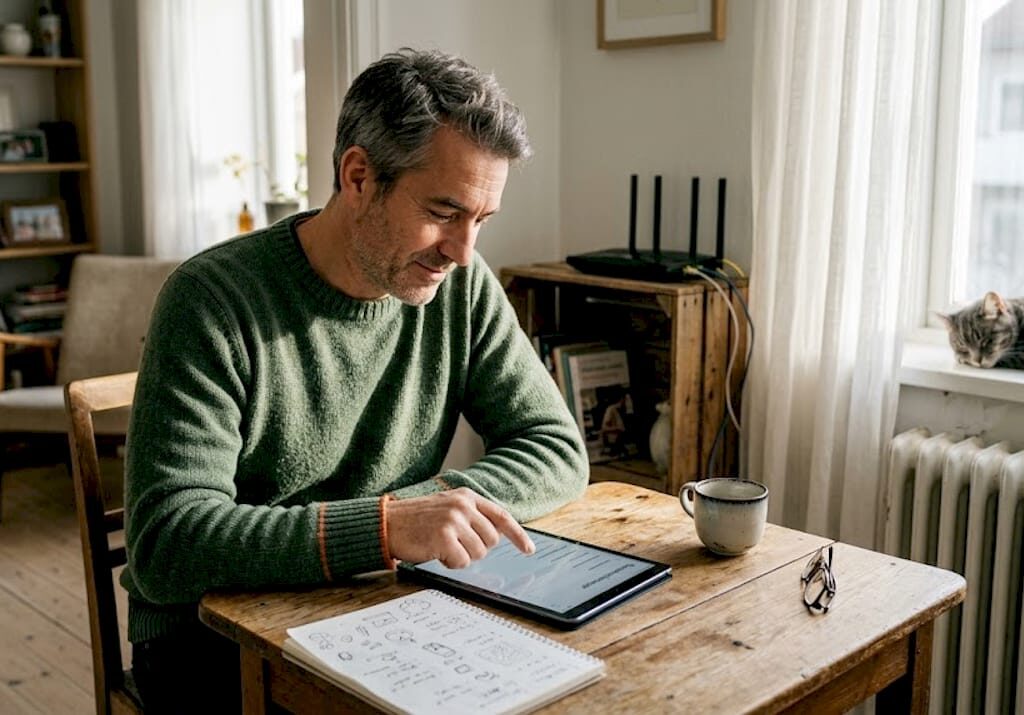 En person justerar inställningarna för sin router via surfplattan.