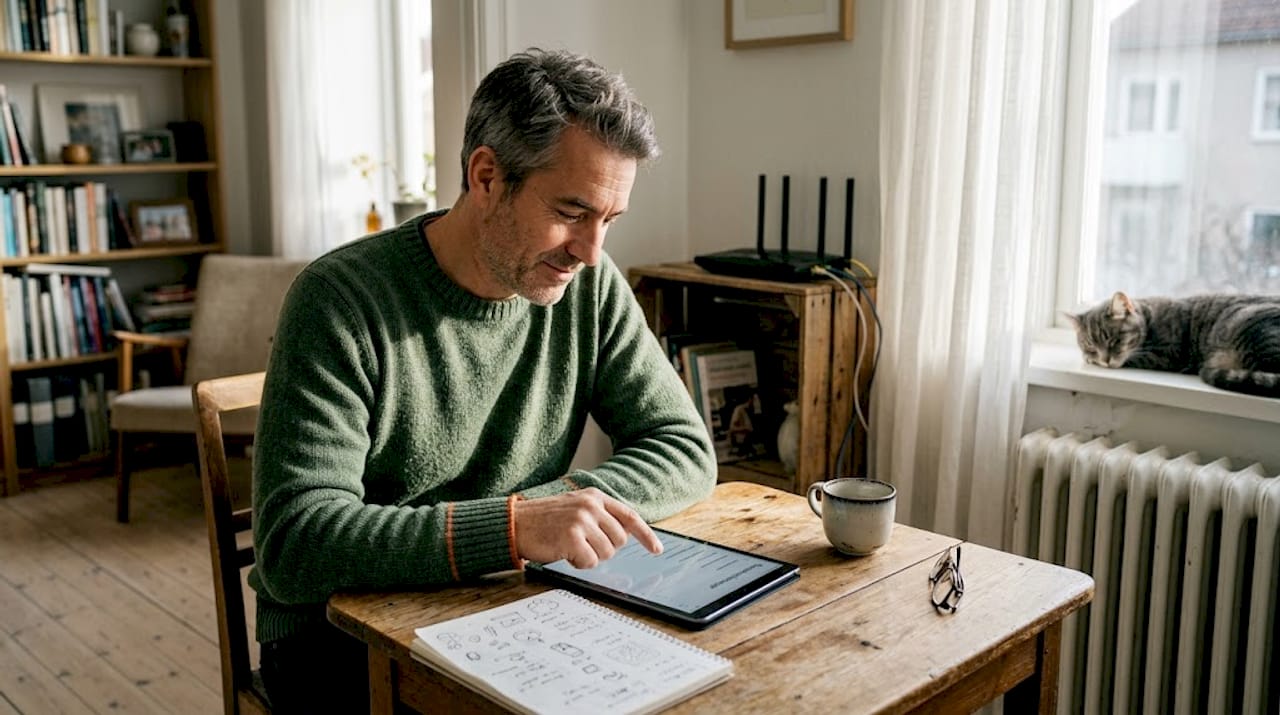 En person justerar inställningarna för sin router via surfplattan.