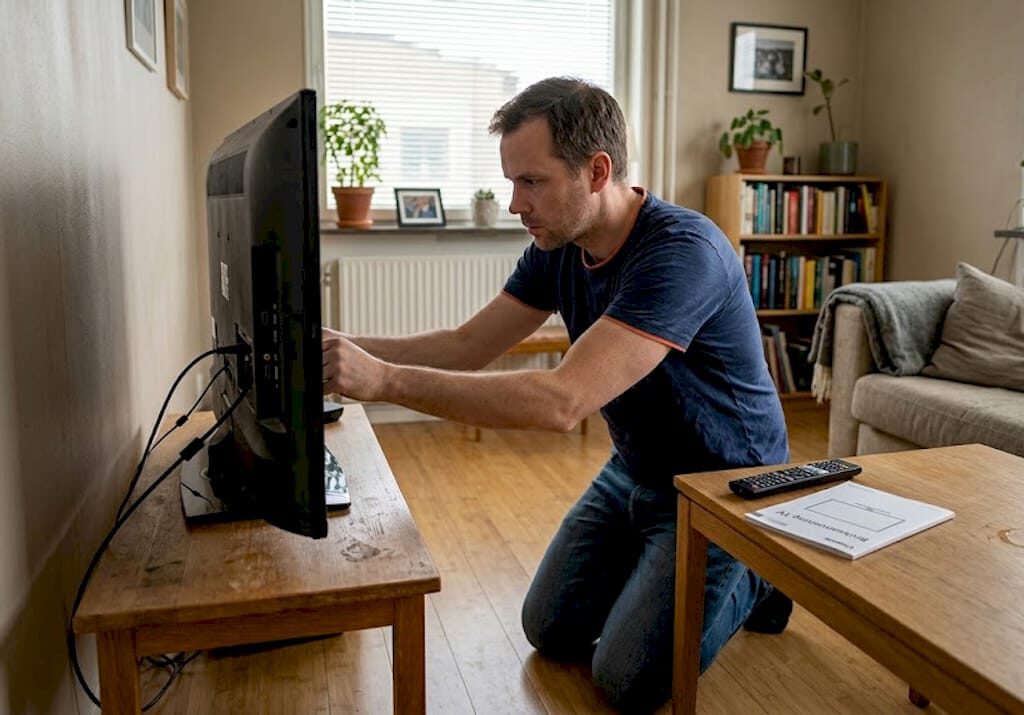 En man står i vardagsrummet och kollar så att HDMI-kablarna bakom tv:n sitter som de ska.