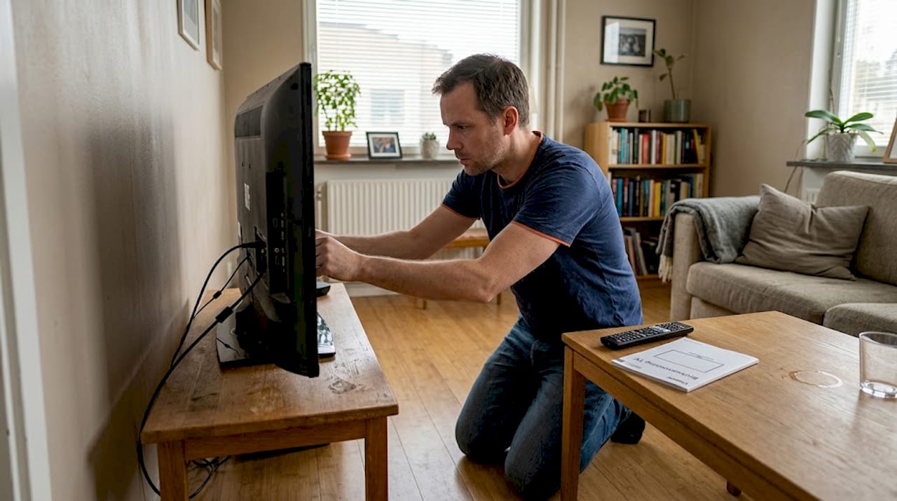 En man står i vardagsrummet och kollar så att HDMI-kablarna bakom tv:n sitter som de ska.