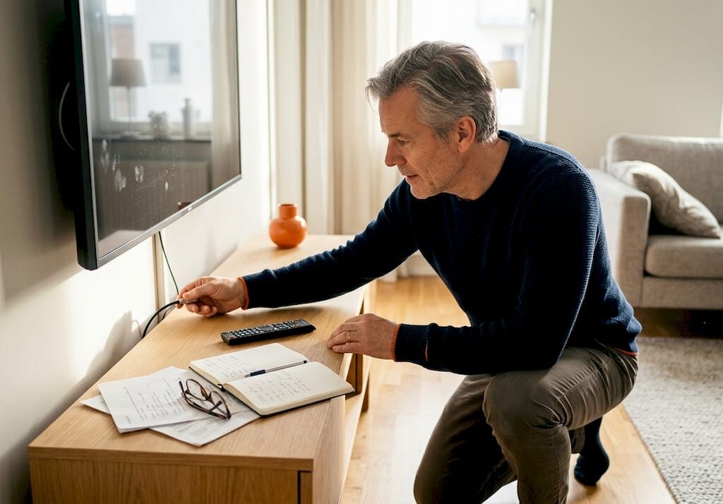 Man fixar med tv-sladdarna i vardagsrummet.