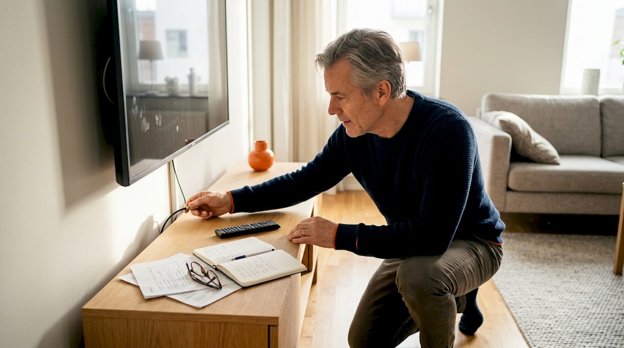 Man fixar med tv-sladdarna i vardagsrummet.
