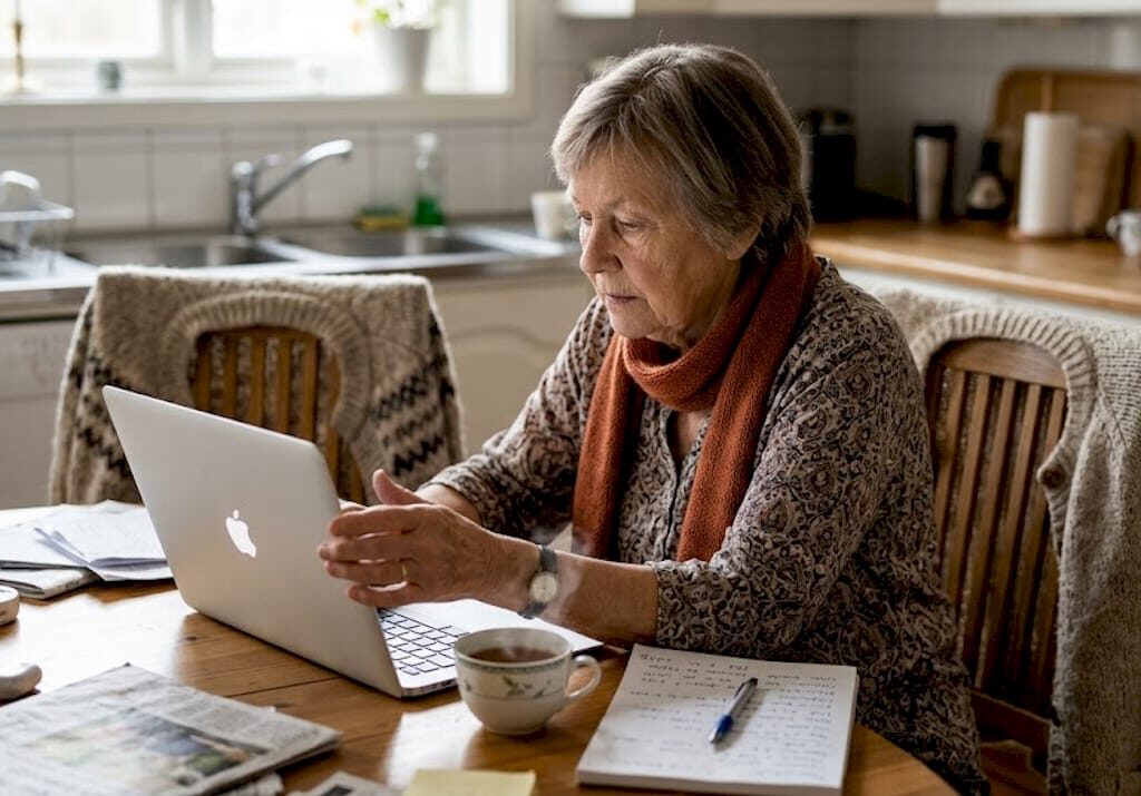 En äldre dam får hjälp med datorn hemma vid köksbordet.