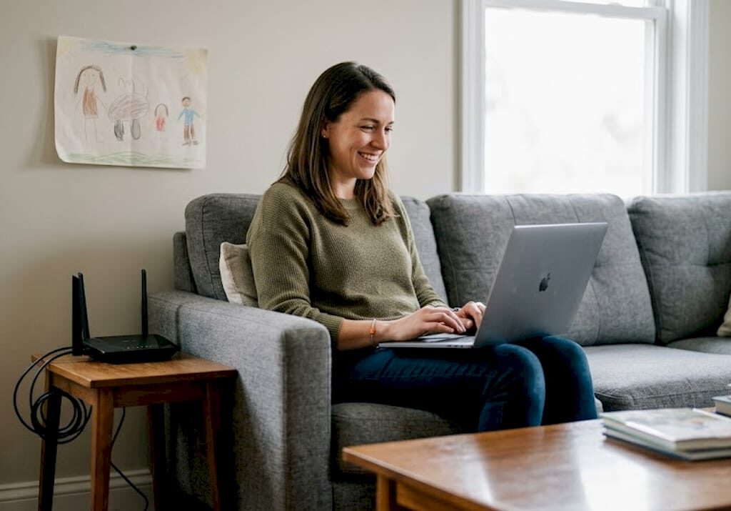 En kvinna sitter i vardagsrummet och loggar in på wifi-routern.
