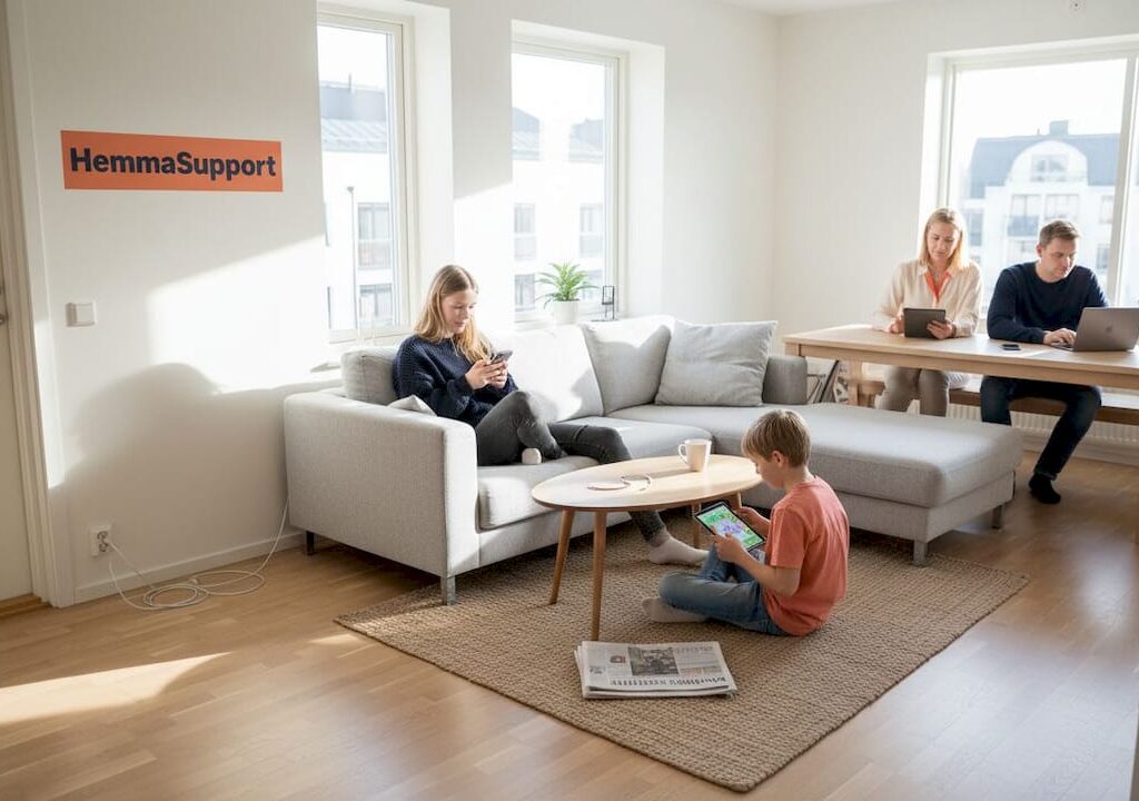 En familj surfar tillsammans på nätet i vardagsrummet.