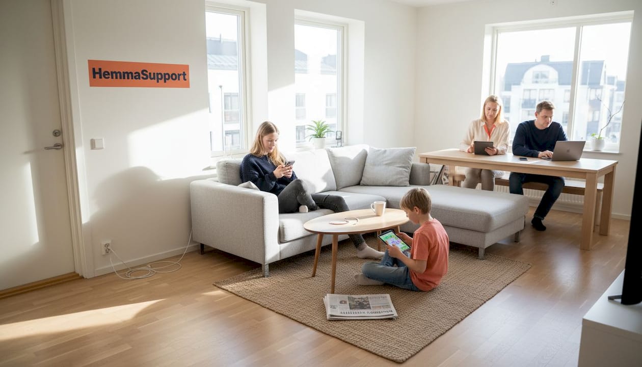 En familj surfar tillsammans på nätet i vardagsrummet.