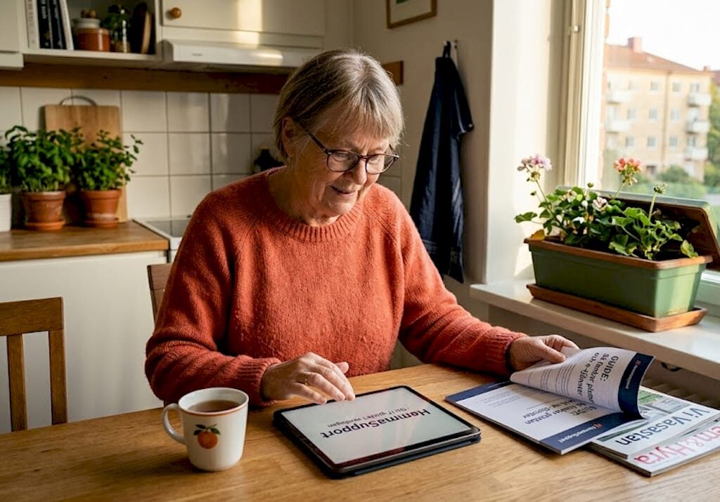 En äldre kvinna får hjälp med IT-frågor hemma vid köksbordet.