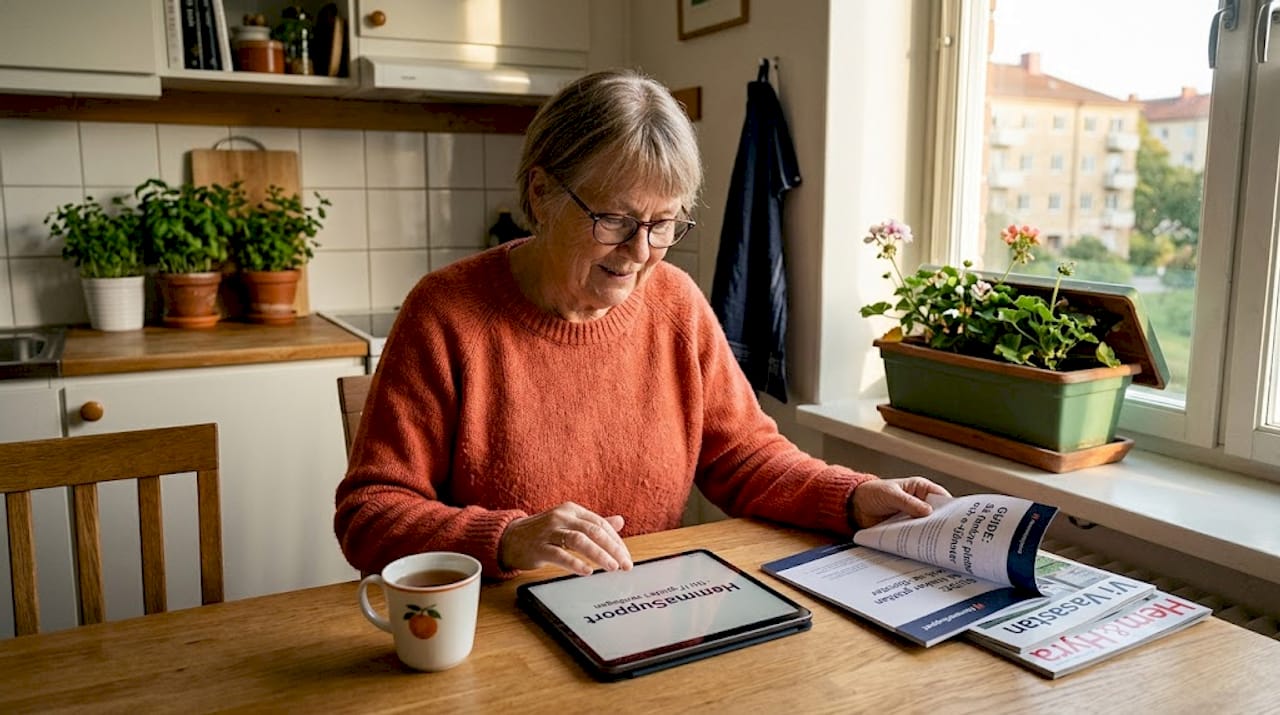 En äldre kvinna får hjälp med IT-frågor hemma vid köksbordet.