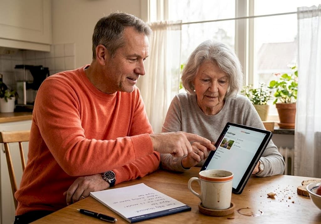 Någon visar en äldre kvinna hur hon använder sin surfplatta hemma.