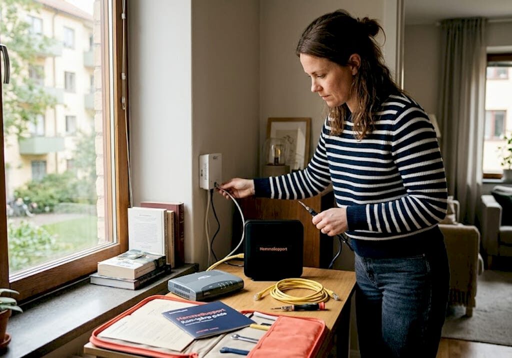 En kvinna kopplar in sin router hemma i vardagsrummet.