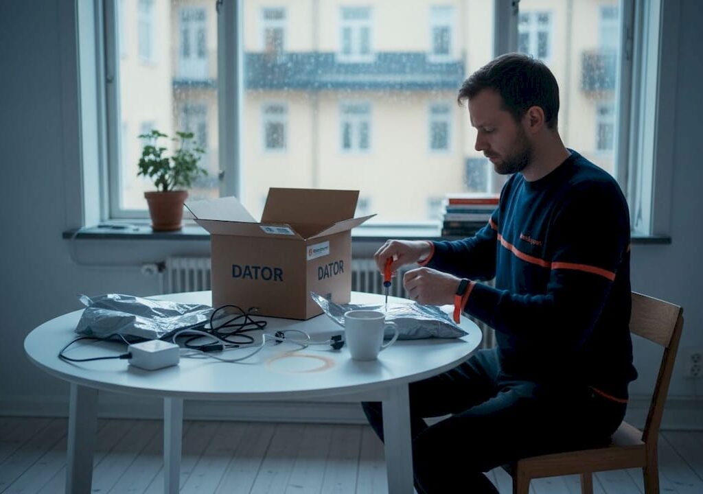 En person sitter vid köksbordet hemma i Göteborg och packar upp sin nya dator.