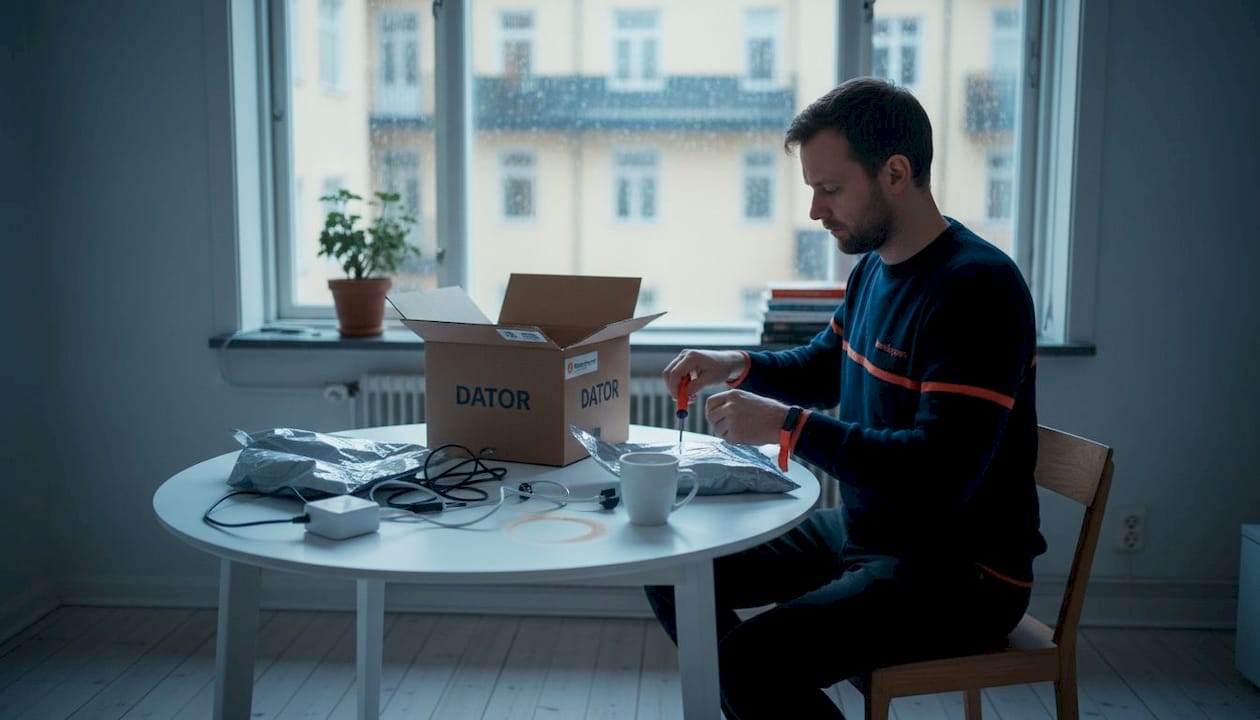En person sitter vid köksbordet hemma i Göteborg och packar upp sin nya dator.