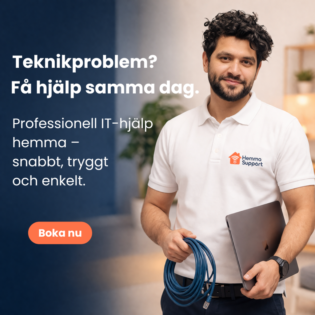 Tekniker från HemmaSupport erbjuder IT-hjälp hemma i Göteborg med nätverkskabel och laptop