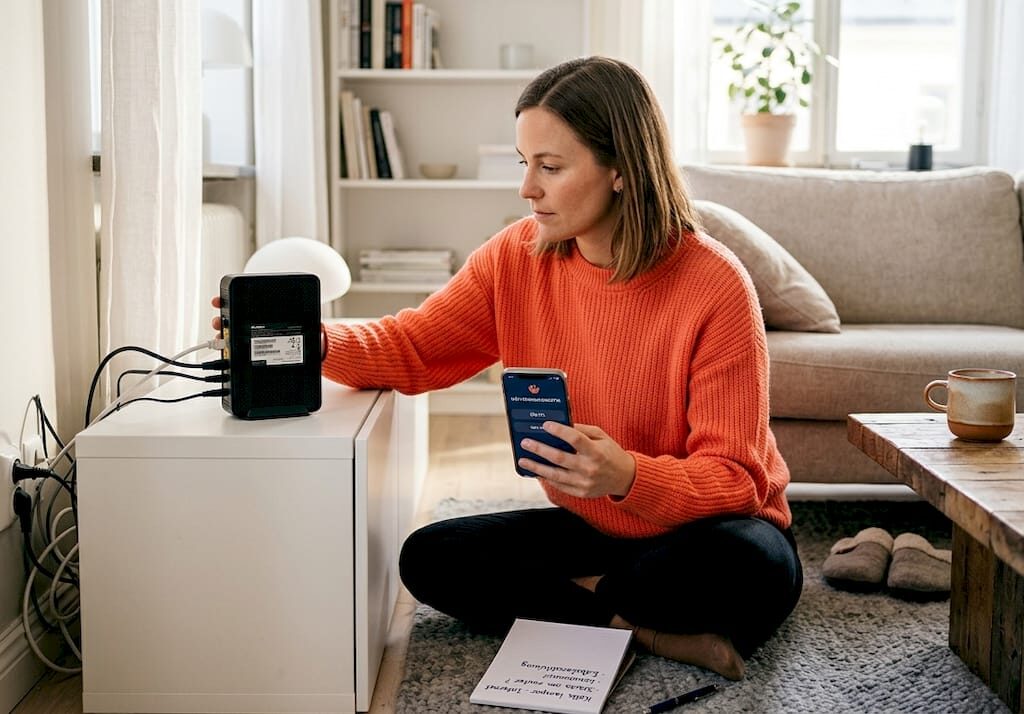 Kvinna försöker få igång wifi-routern hemma