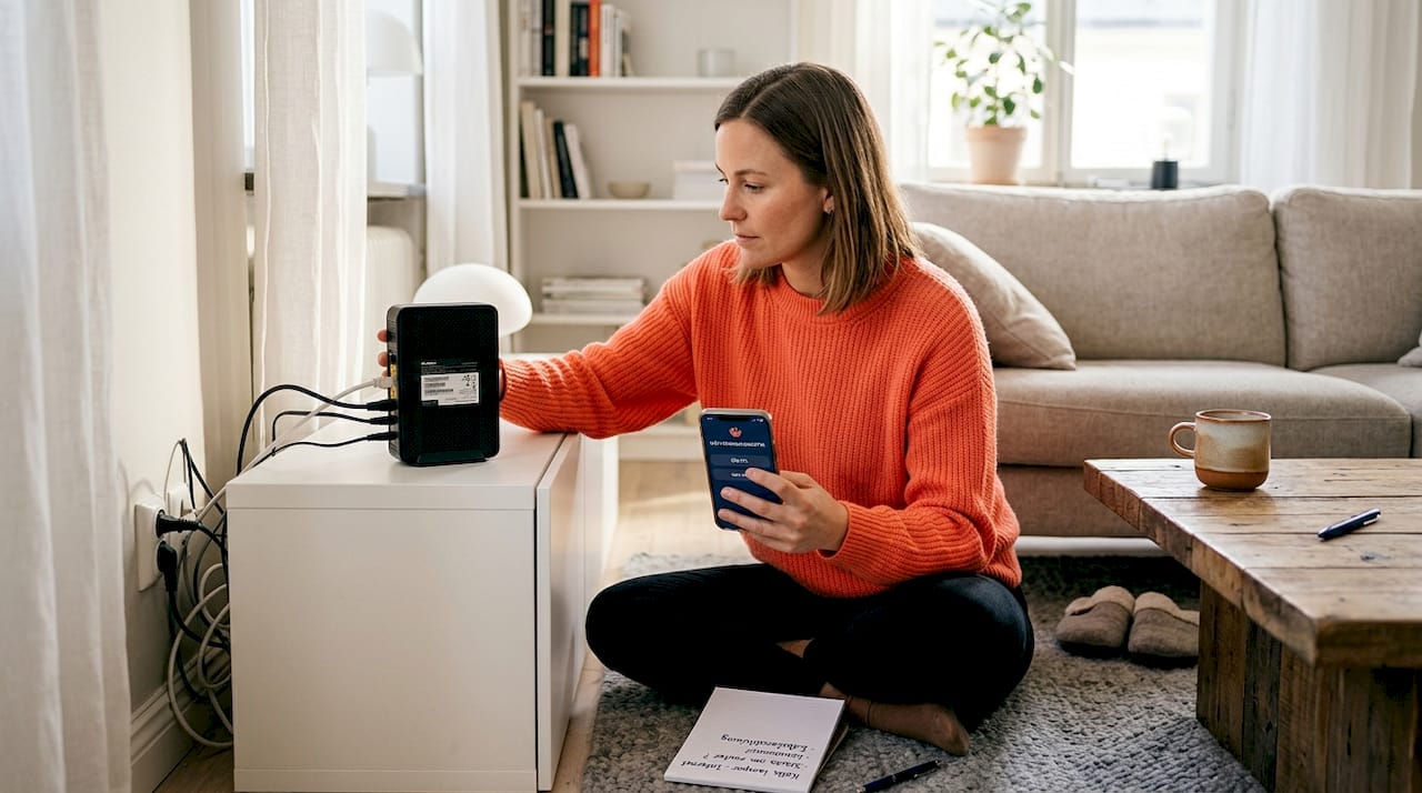 Kvinna försöker få igång wifi-routern hemma