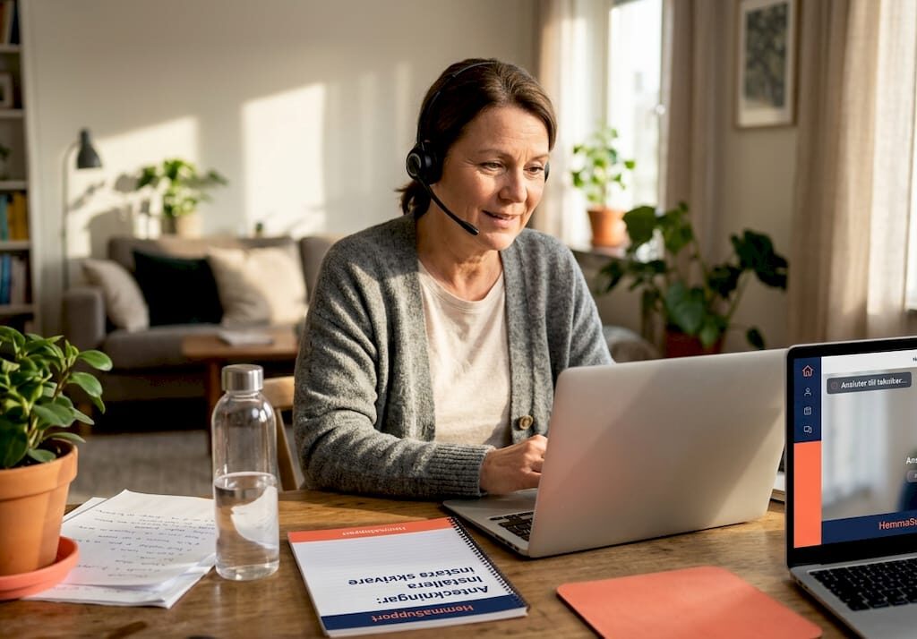 Kvinna får IT-support på distans i hemmet