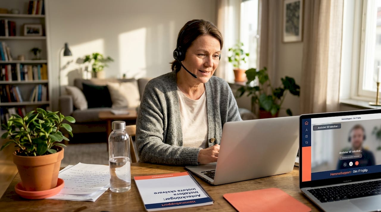 Kvinna får IT-support på distans i hemmet